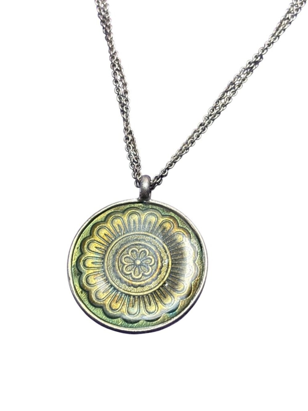Baked Beads Silvertone Green Enamel Flower Medallion Pendant Necklace 15 - 18 in
